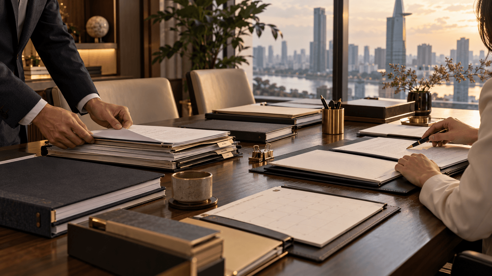 Professionals organizing corporate records and a compliance calendar in a Ho Chi Minh City office