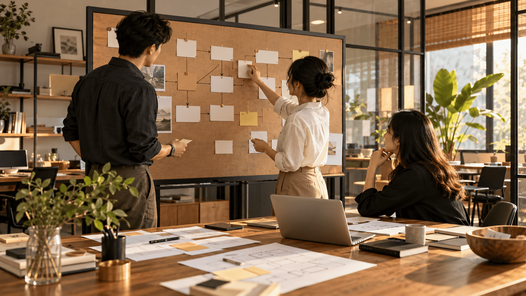 A team mapping workflows together in a warm contemporary business workspace