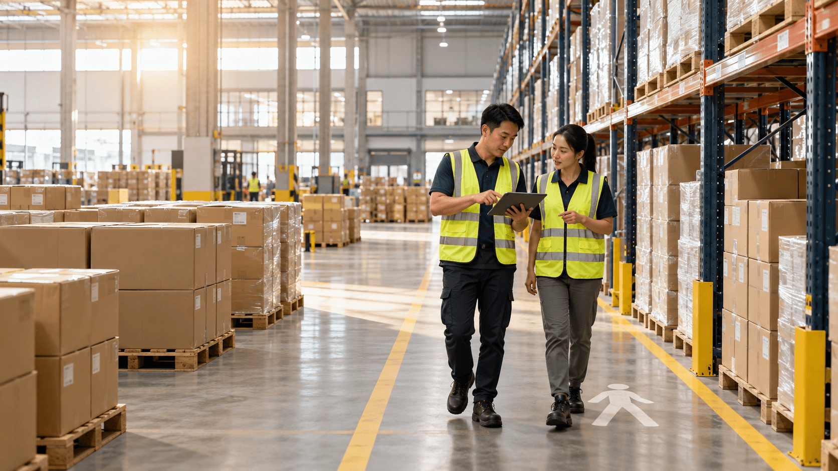 Two operations professionals reviewing a tablet on a marked walkway in an organized distribution warehouse