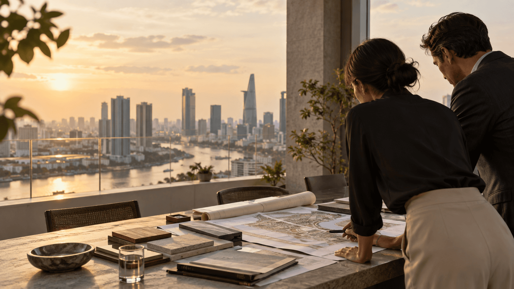 Business advisers reviewing an establishment plan above the Ho Chi Minh City skyline